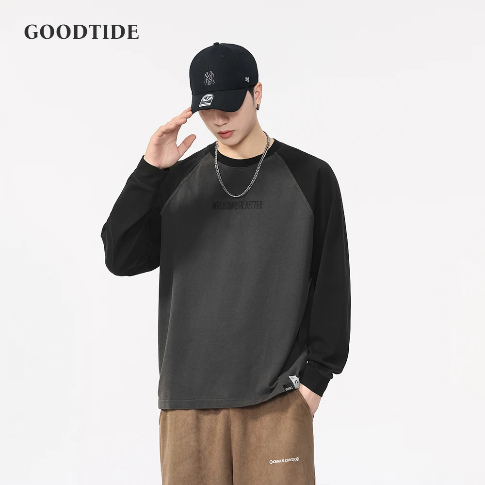 

Fashion Men's American Retro Top T-shirt 2025 Loose Round Neck Letter Embroidery Simple Versatile Long-sleeved Pullover