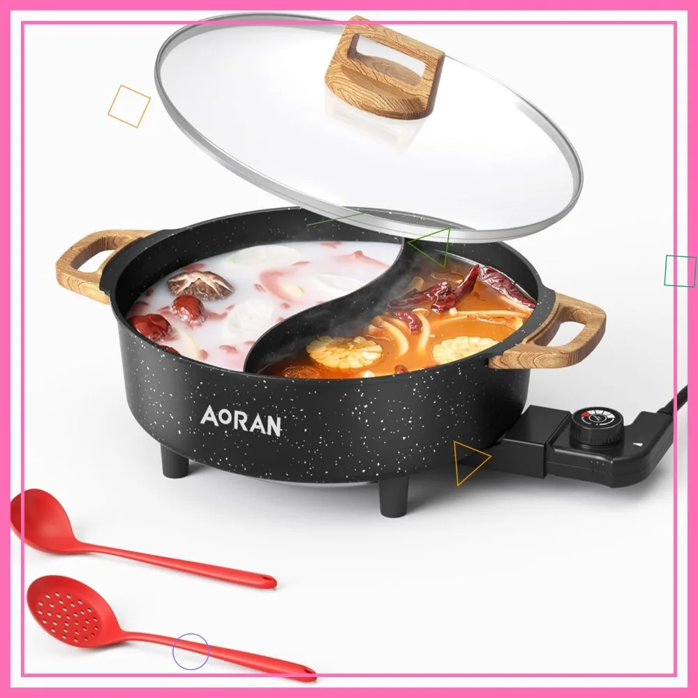 Electric Hot Pot with Divider, 1350W 8L Nonstick Smokeless Cooker for Shabu Shabu & Fondue, Multi-Function Cookware