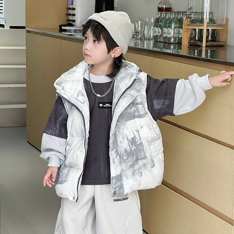 Autumn Winter Children Boys Vest Thicken Full Printed Zipper Kids Boys Hooded Waistcoat Versatile Fashion 2-10Y Boys Warm Gilets