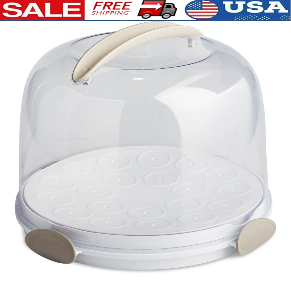 

Round Cake Carrier with Clear Plastic Cover Sturdy Handle Locking Latches Portable Food Storage Easy Cleaning BPA Free Ideal