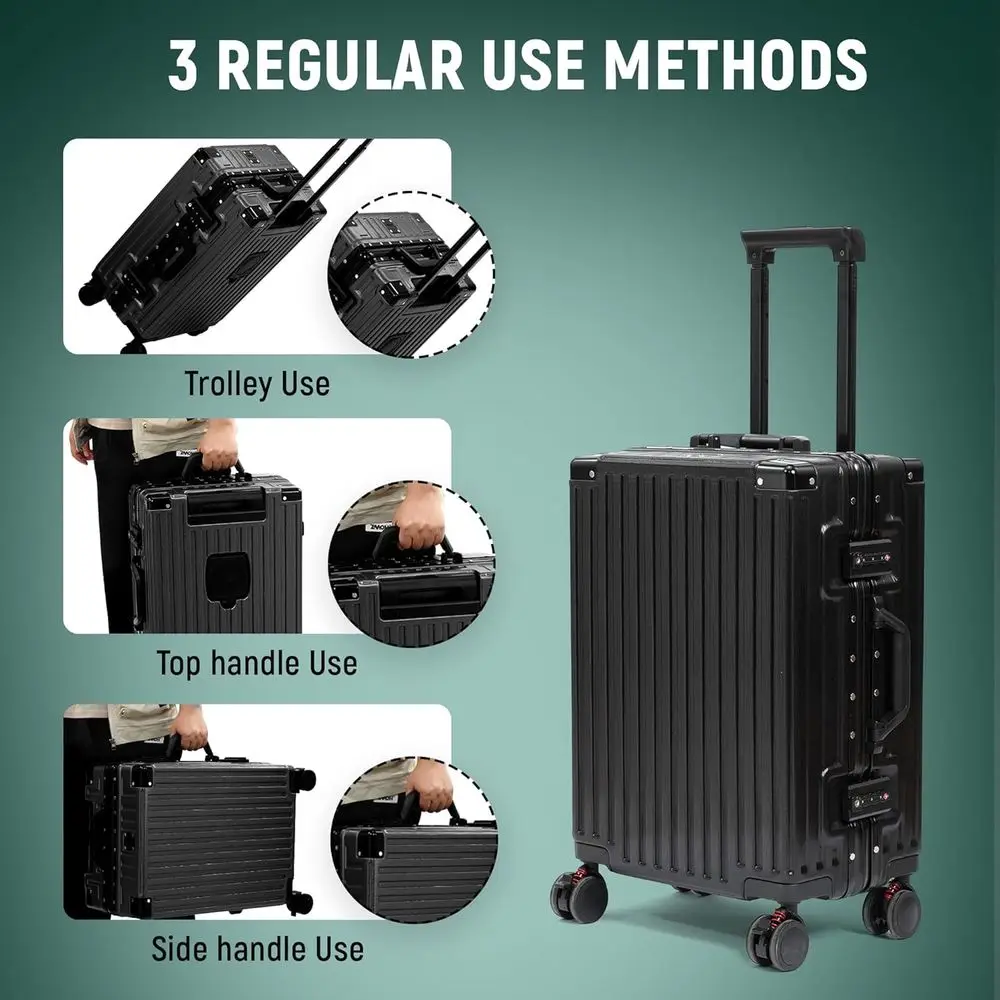 24 TSA-Lock Aluminum Frame Suitcase with Spinner Wheels, Cup Holder, Lightweight for Travel, Black