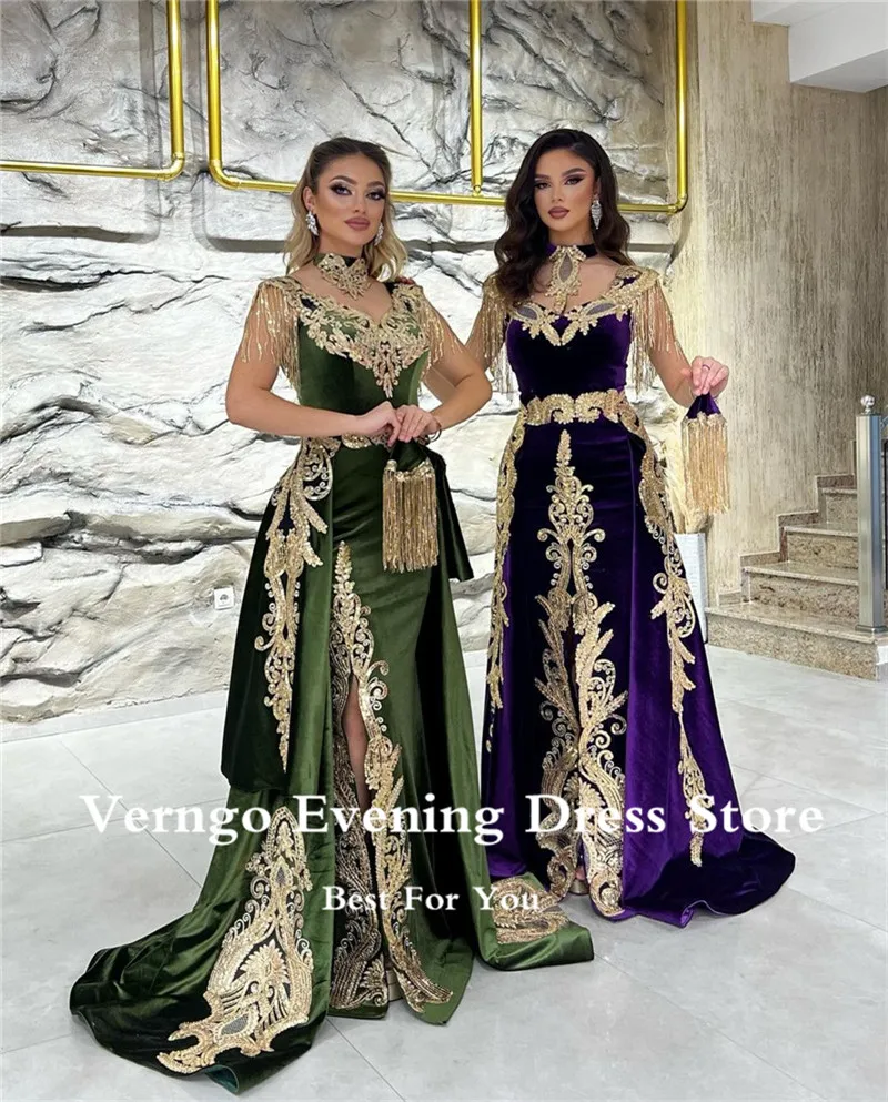 Verngo New Moroccan Kaftan Velvet Evening Dress Detachable Train Purple Applique Long Prom Gowns Karakou Formal Gown customized