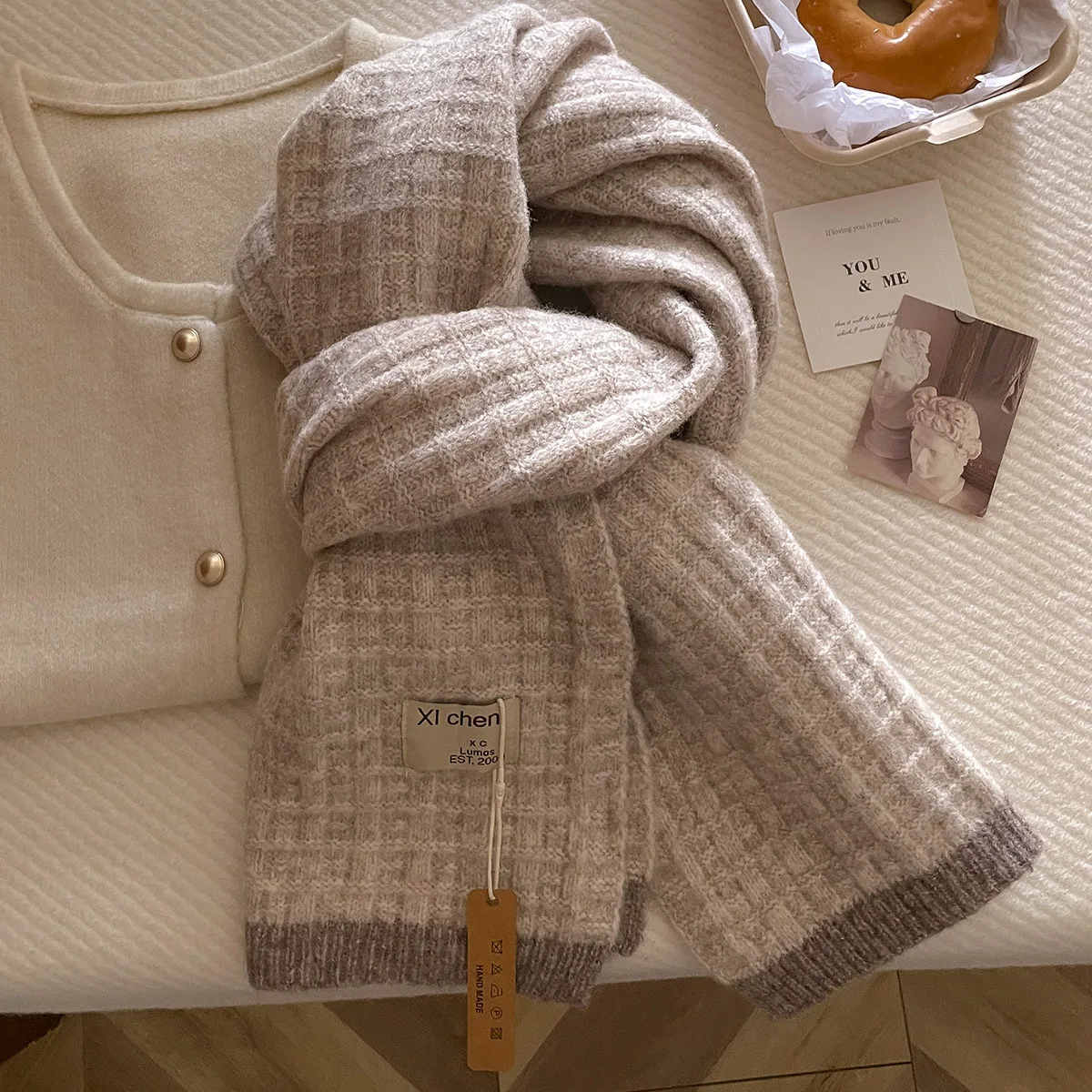 Korean Style Winter Knitted Scarf Waffle Texture Soft Wool Blend Thick Warm Shawl with Contrasting Edge