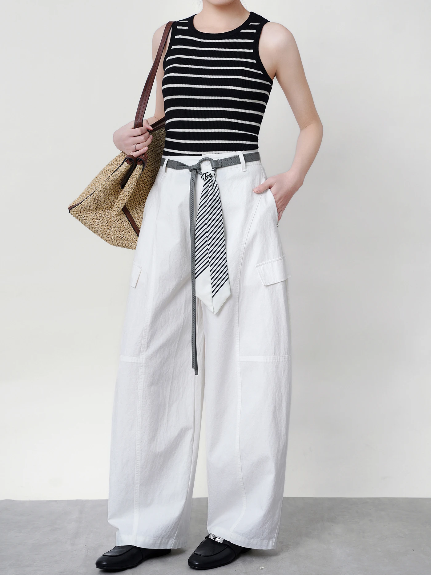 

High Waist Loose Fit Casual Pants Multi kets Lazy Sle Straight Leg Cotton Workwear Trousers for Women Spring Season