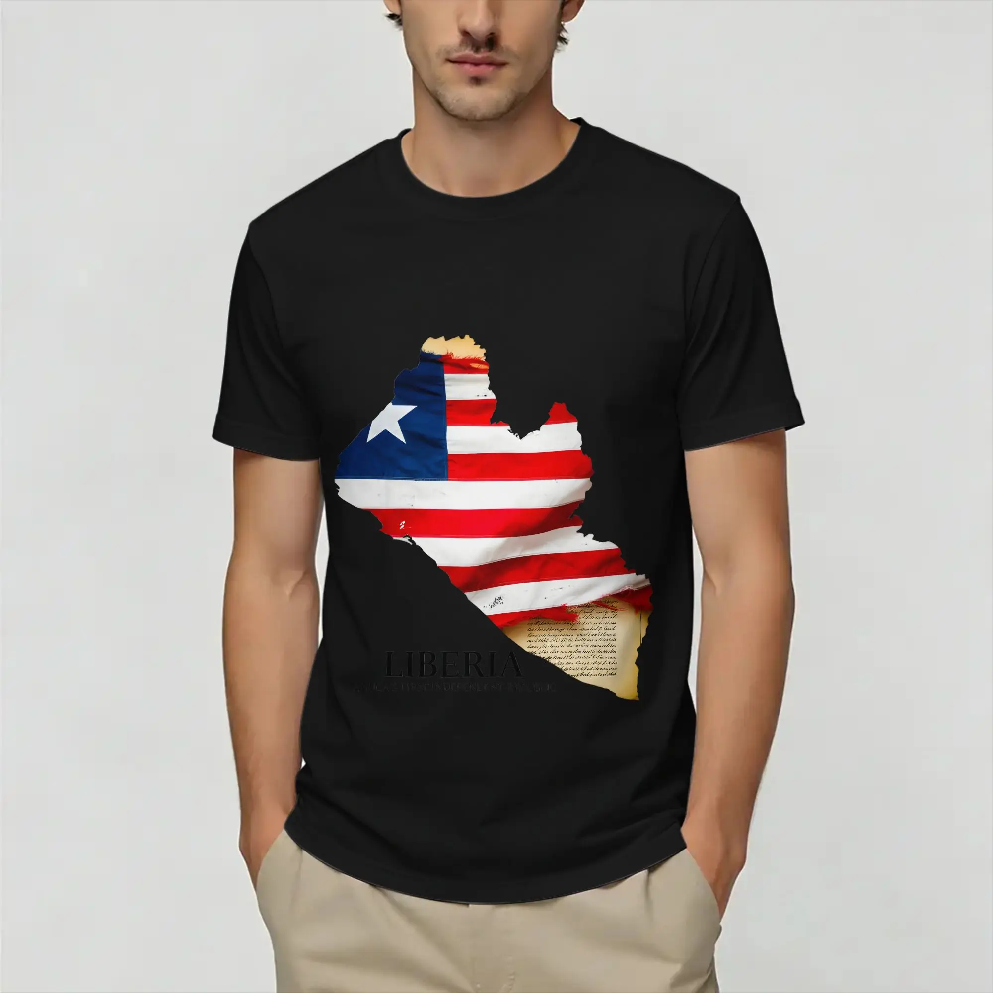 Leisure Liberia  Flag Map  T-Shirt for Men Crew Neck Cotton T Shirts  Short Sleeve Tees Printed Clothes