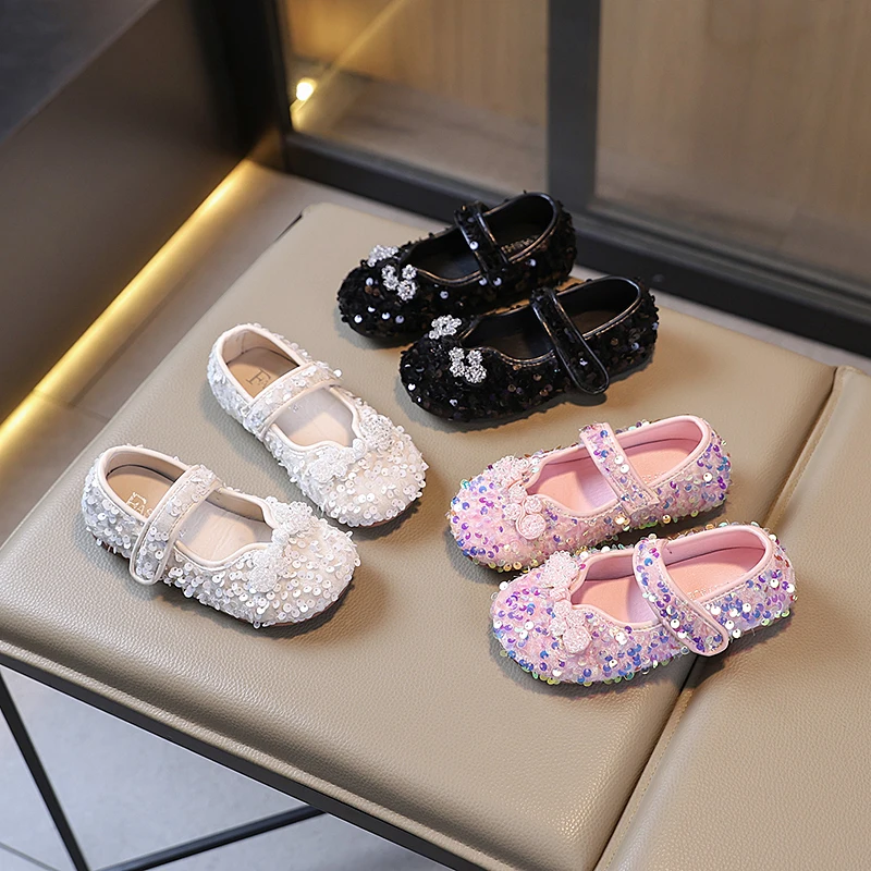 

2025 New Children's Fashion Flat Shoes Spring Autumn Girls Causal Dress Leather Shoes Elegant Wedding Party Kids Sequins Shoes