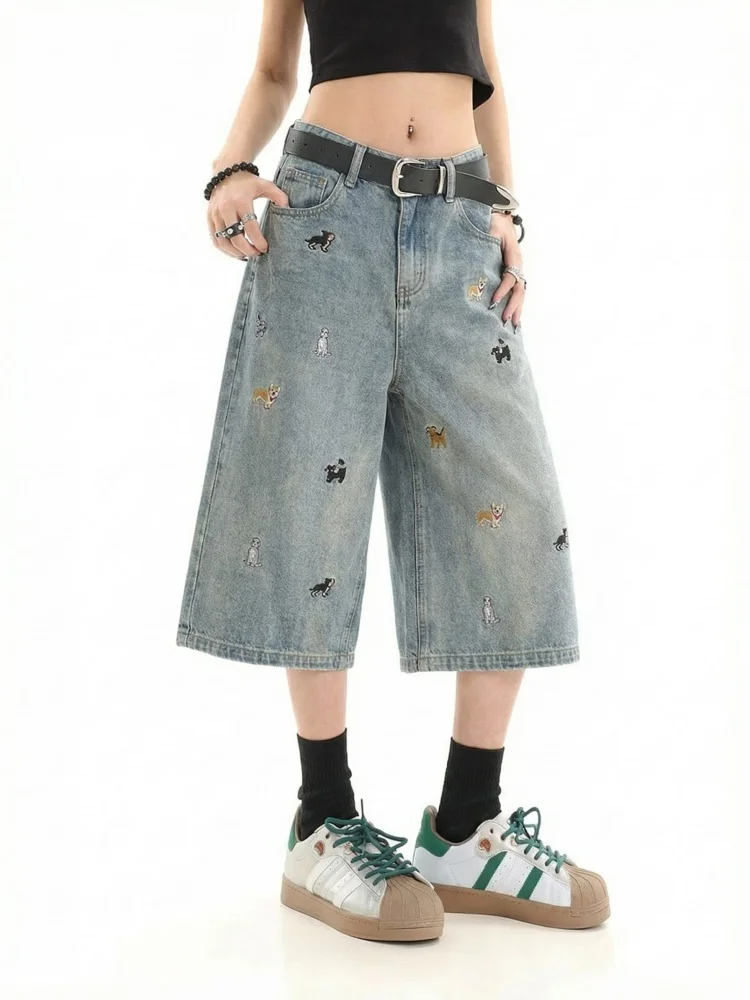 

plus Size Women's Embroidered Dog Jeans Shorts Straight Leg Loose Fit Slimming Summer Design Casual Fashionable Denim Jeans