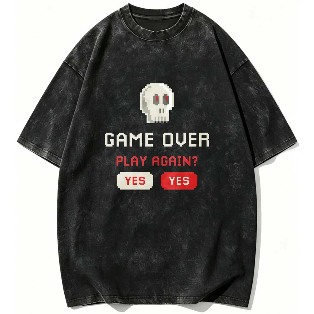 CLOOCL Game Over Play Again Yes Yes Printed T-shirt Premium Heavyweight Retro Washed Tees Harajuku Summer Short Sleeved Top