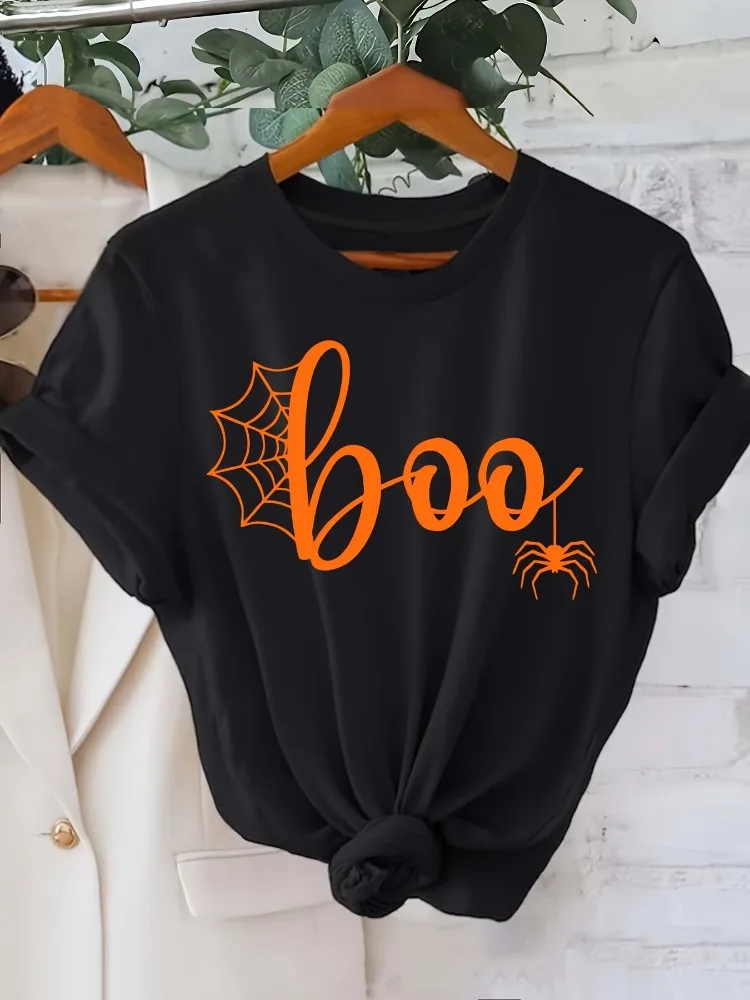 تي شيرت نسائي بنمط شبكة العنكبوت للهالوين Boo تي شيرت ناعم برقبة دائرية وأكمام قصيرة ملابس خريفية غير رسمية Harajuku ملابس نسائية