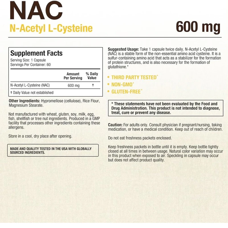 N-acetyl-L-cysteine (NAC) 600mg, supports immune liver health and antioxidant support, 60 vegetarian capsules