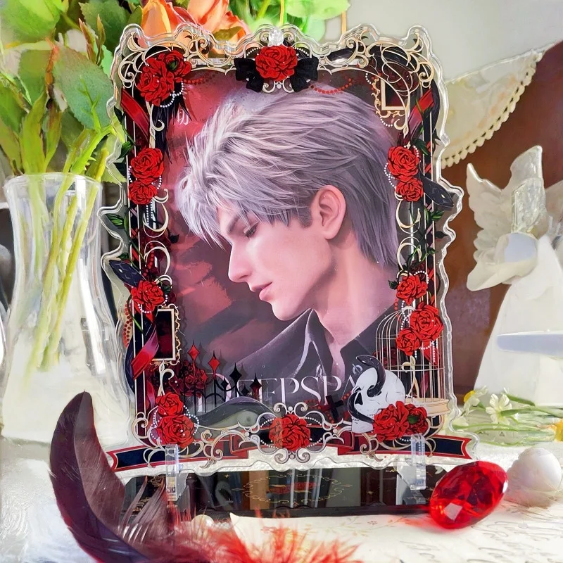 Dark Gothic Night Crow Elegy Series Acrylic Photo Display Frame, 3.5/6inch Rose Raven Pattern Card Case, Collectibles Desk Decor