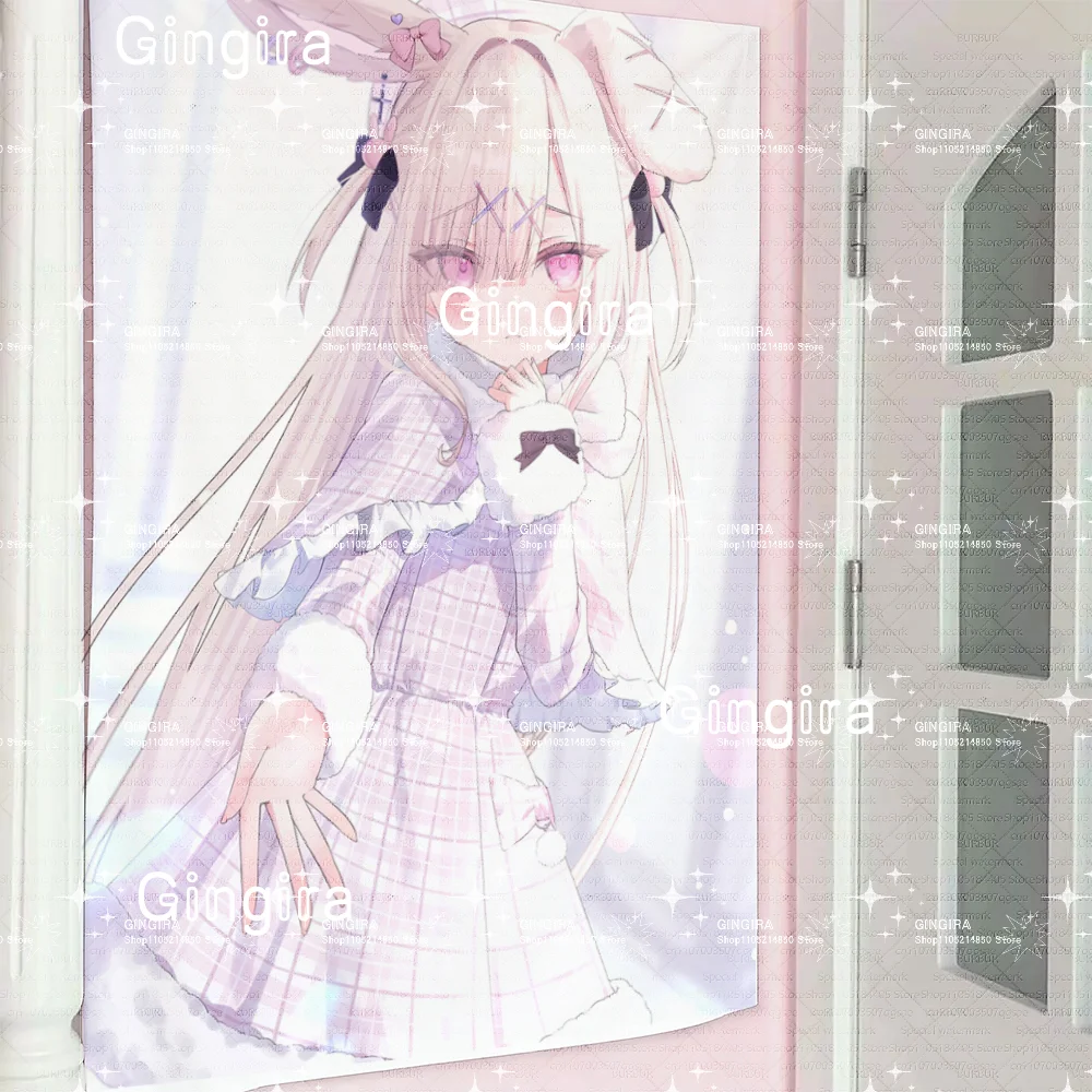Cute Bunny Girl with Rabbit Ears Anime Tapestry Pastel Plaid Dress Sweet Theme Wall Hanging for Dorm Bedroom Otaku Room Decor