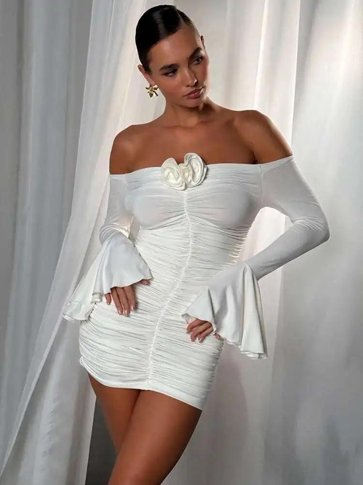 Blifanbo Trägerloses Blumen-Sexy-Schulter-Minikleid für Damen, modisch, lange Aufflackernärmel, rückenfrei, gerüscht, Club-Partykleid, elegant