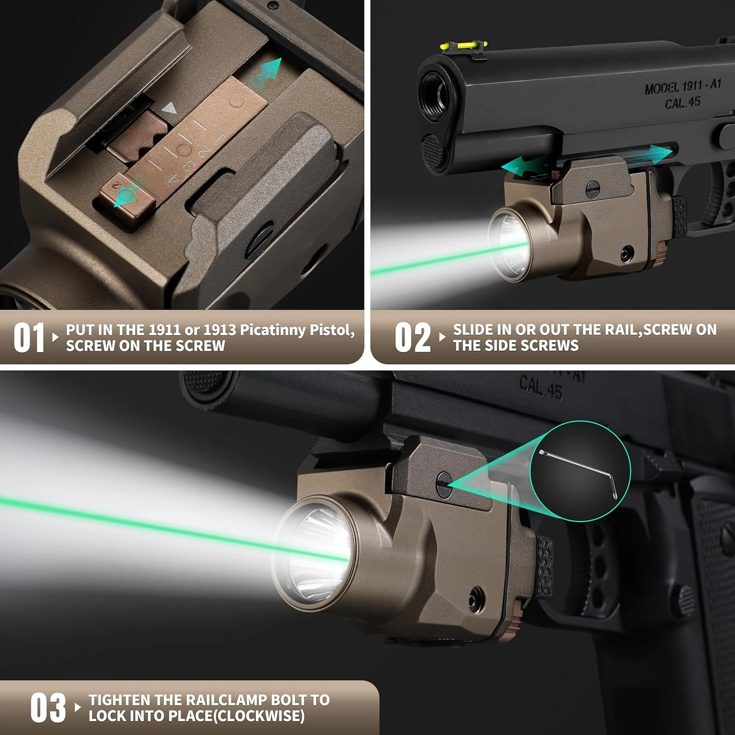 Richfire SFD-095 Compact Tactical LED Flashlight Green & White Combo 1500 Lumens Rechargeable Torch Light for Hunting Glock