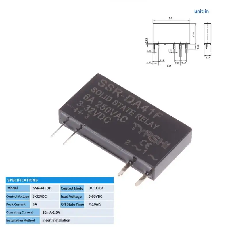 1Pcs SSR-41FDD/41FDA Solid State Relays DC To DC Slim Relay Module 3-32VDC 6A Mini Relay Non-contact DIN Rail Relay