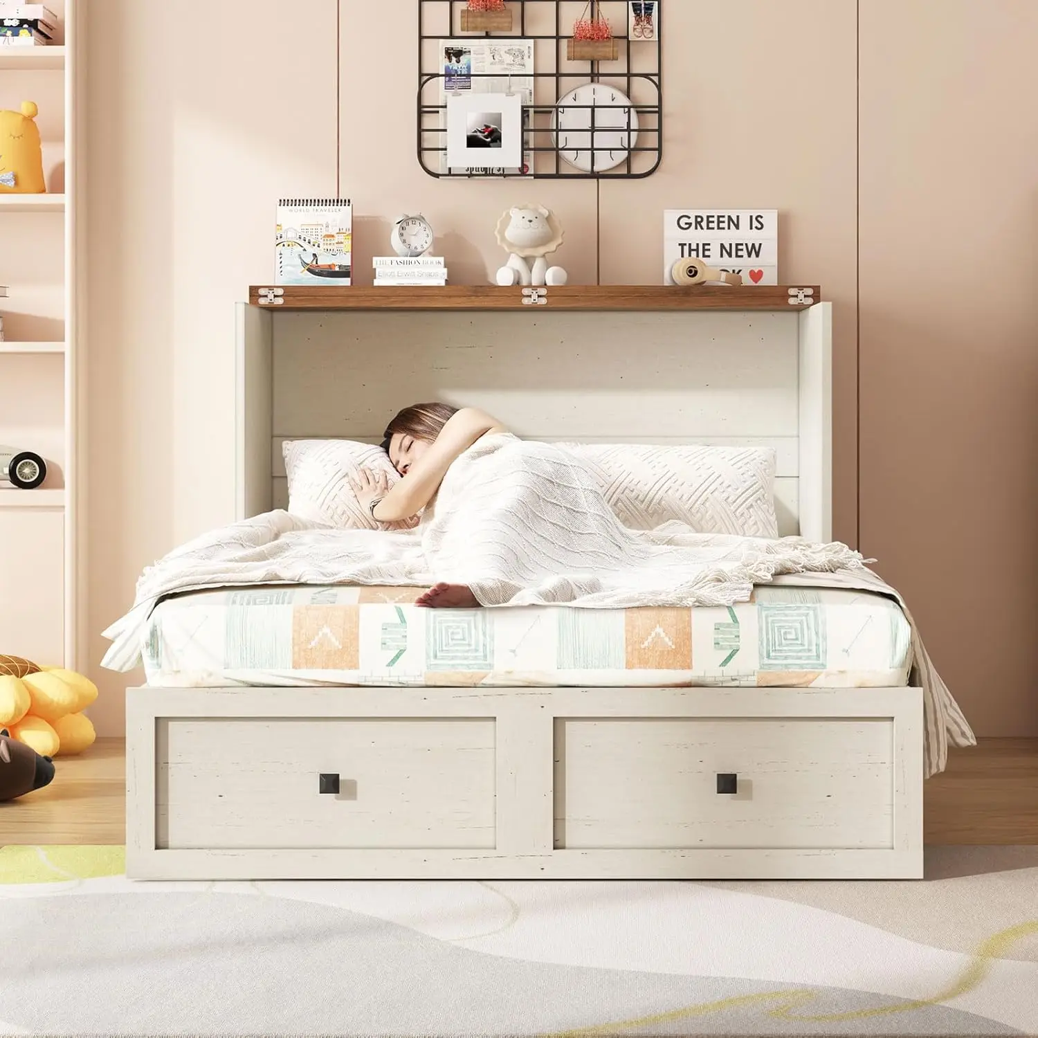 سرير ميرفي على طراز المزرعة مع مساحة تخزين ولوحة قابلة للطي ومحطة شحن لغرفة نوم الضيوف الهادئة