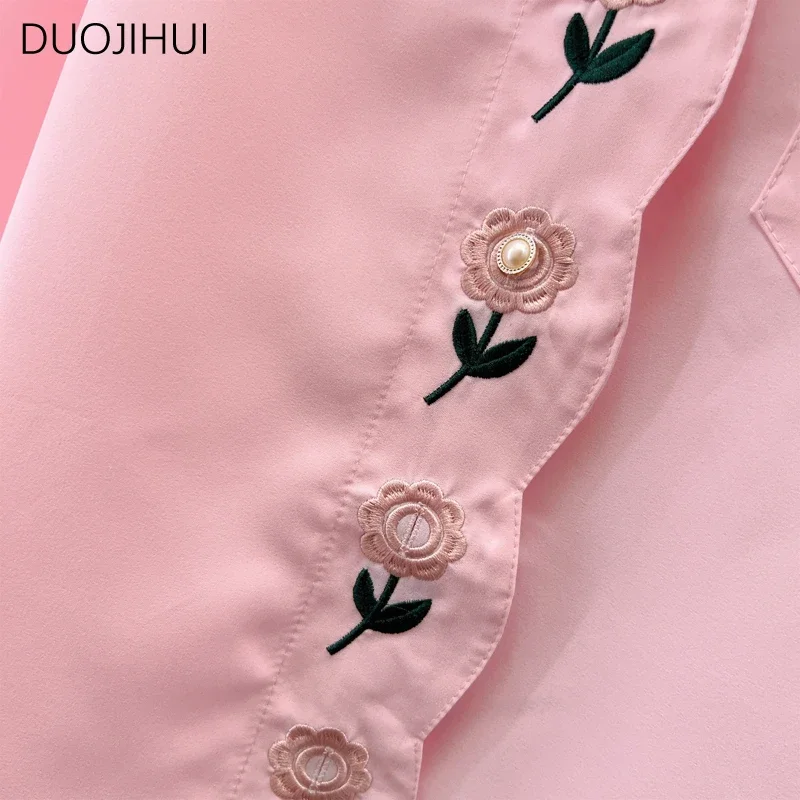 DUOJIHUI bahar pembe Chic çiçek düğmesi tatlı gevşek kadın gömlek yeni Vintage katı renk moda basit rahat S-XL kadın gömlek