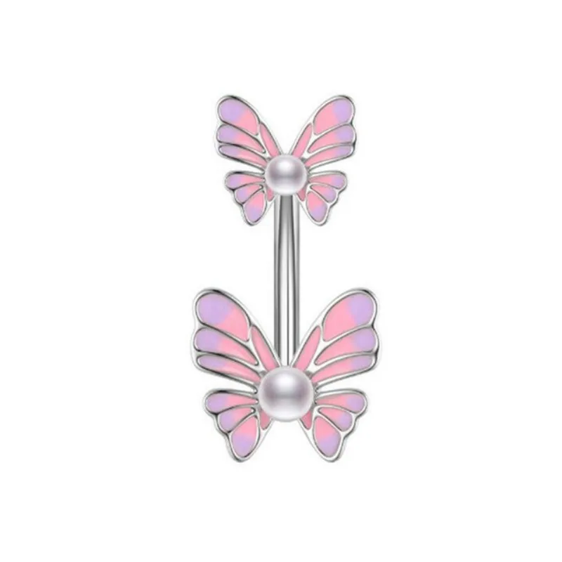 New 1PC Pink Butterfly Belly Button Rings Dangle Heart Zircon Navel Piercing Surgical Steel Belly Bar Body Piercing Jewelry