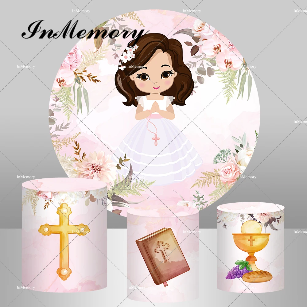 

Mi Primera Communion Round Backdrop Pink White Girls Baptism First Holy Communion Party Photography Background Plinth Covers