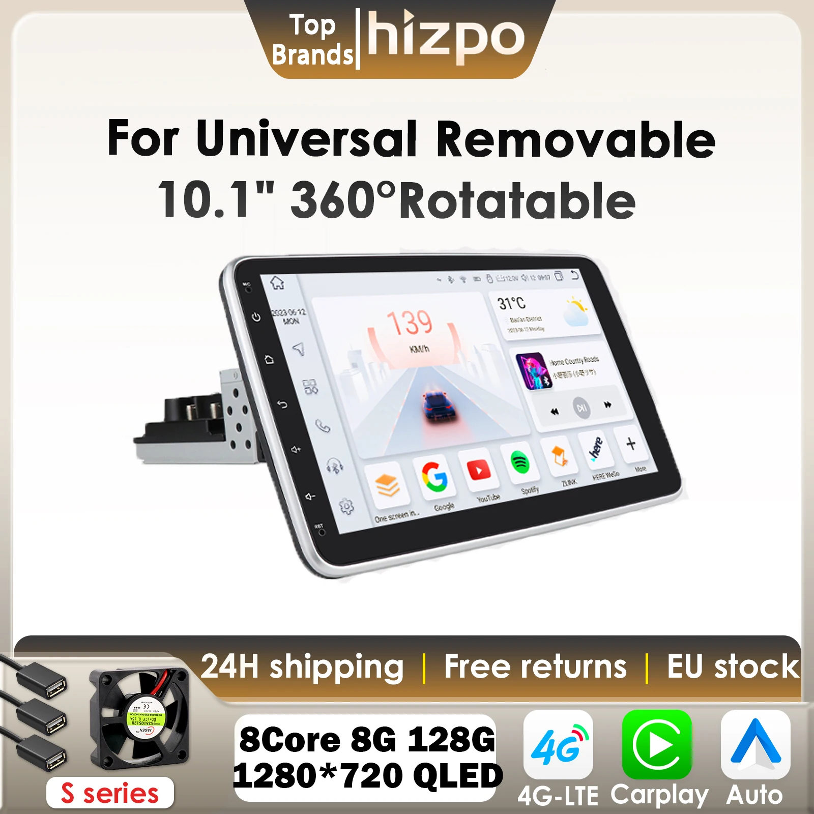 Radio samochodowe Hizpo 1 Din z Androidem, ekran dotykowy 10.1 cala obracany, wyjmowany, uniwersalny, Carplay, GPS, Nawigacja, 4G, WIFI, BT, DSP, Autoradio