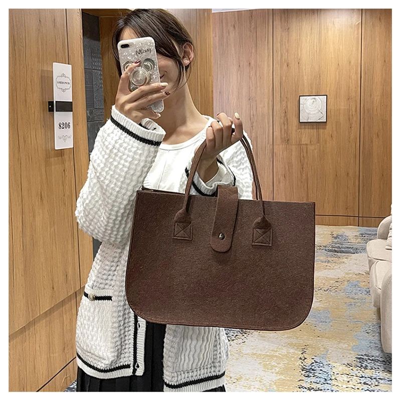 Women Felt Totes Bag with Button Large Capacity Solid Color Handbag Reusable Casual Shopping Bag Travel Portable Tote Handle Bag