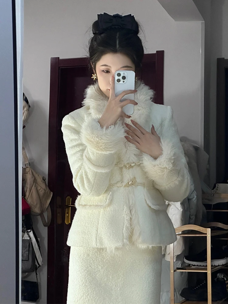 

Комплект женской одежды больших размеров: модный комплект с высокой талией, платье и пальто с меховым воротником, осенне-зимний наряд в корейском стиле, с длинными рукавами и V-образным вырезом