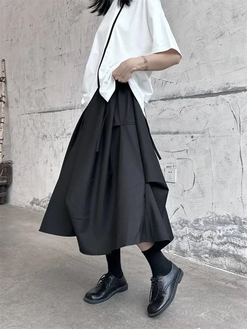 

Dark Mountain Summer Asymmetrical Hem A-Line Skirt High Waist Slimming Pure Black Commute Style Polyester Blend Long Skirt