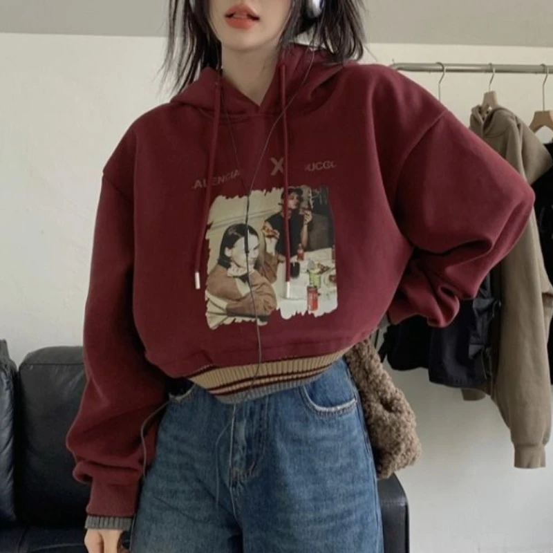 

American Style Hooded Patchwork Hoodie Women's Loose Lazy Style Winter Clothes Women Anime Hoodie Y2k Streetwear