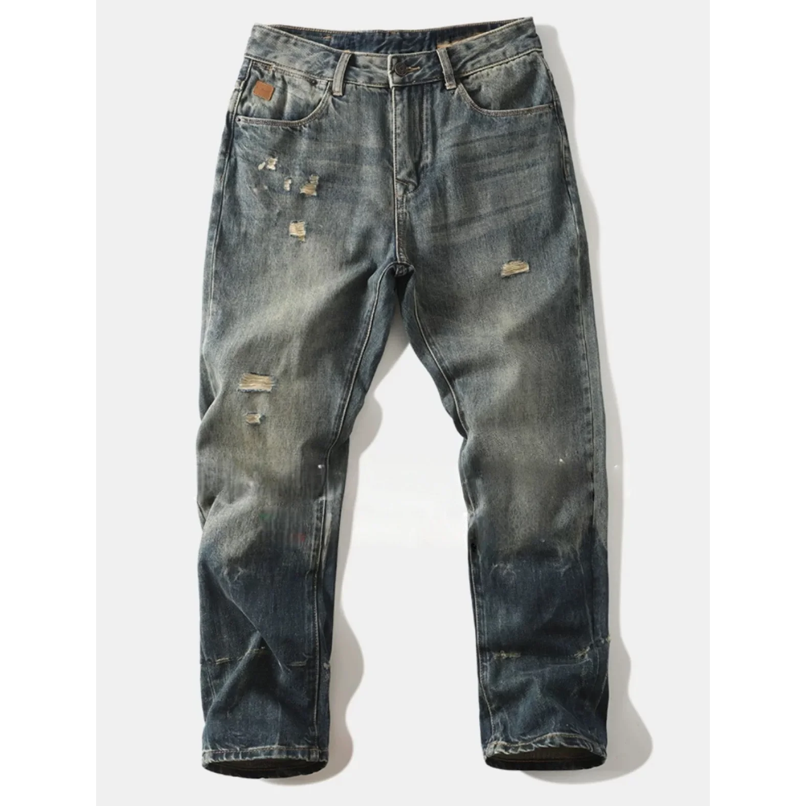 

European and American high street men's spring comfortable versatile jeans retro ripped loose straight leg casual denim pants