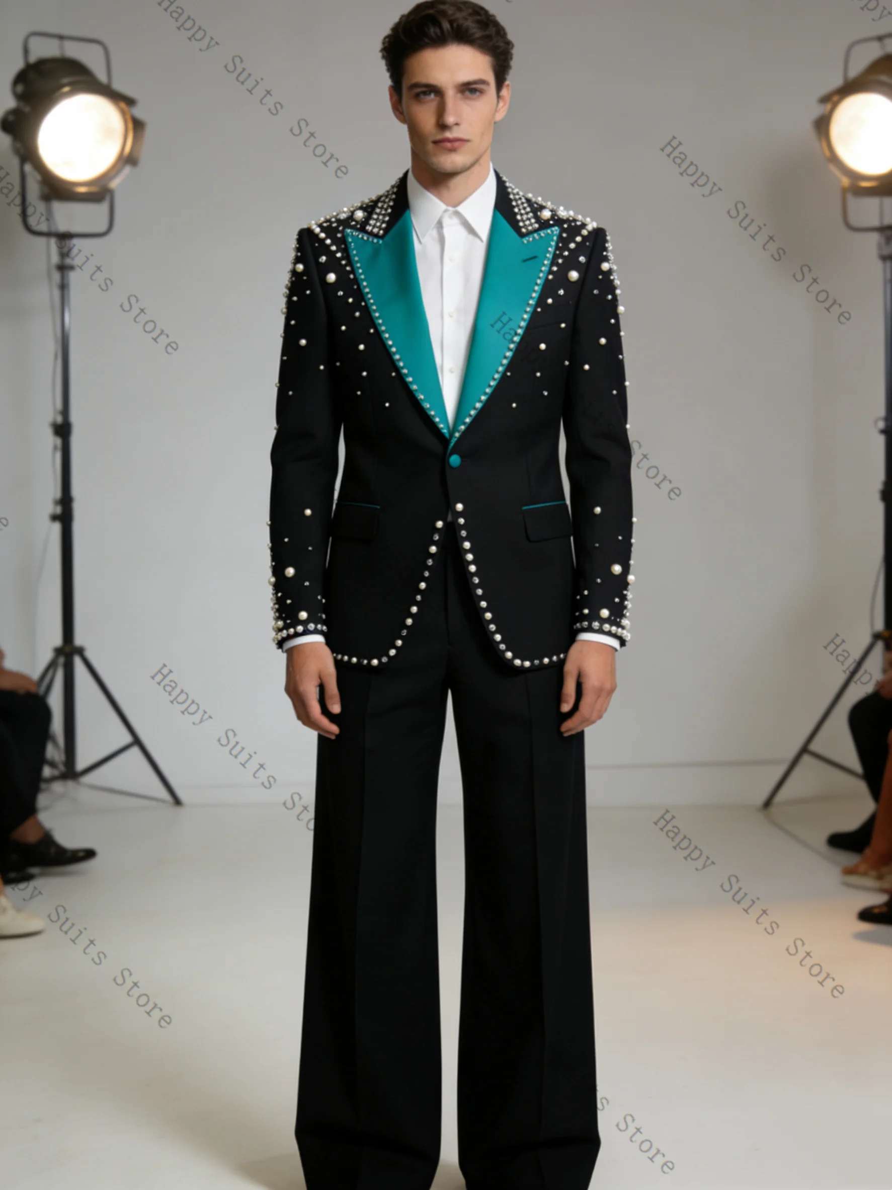 Pearls Blue Black Men Suit Set 2 Pcs Groom Blazer+Pants Trousers Formal Office Coat Wedding Tuxedo Customized Jacket Outfit