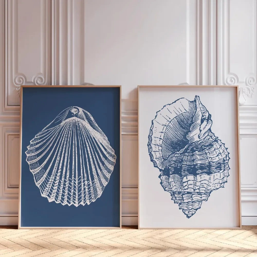 2pcs frameless Canvas Painting 2pcs Frameless, Retro Posters, Ocean-inspired Art, Blue Retro Shell Canvas Art, Living Room Bedro