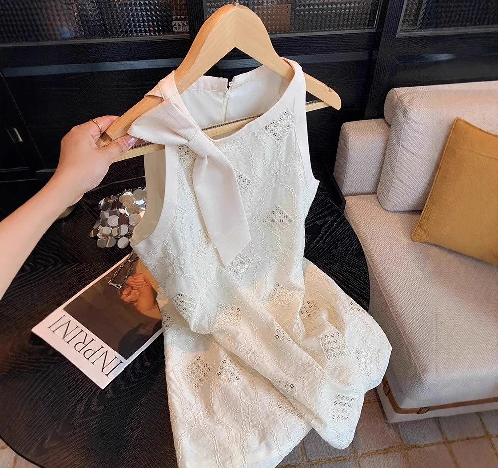 

Heavy Industry French Mesh Flower Bead Dress Women's Summer Bow Streamer Neck Off-the-shoulder Dress