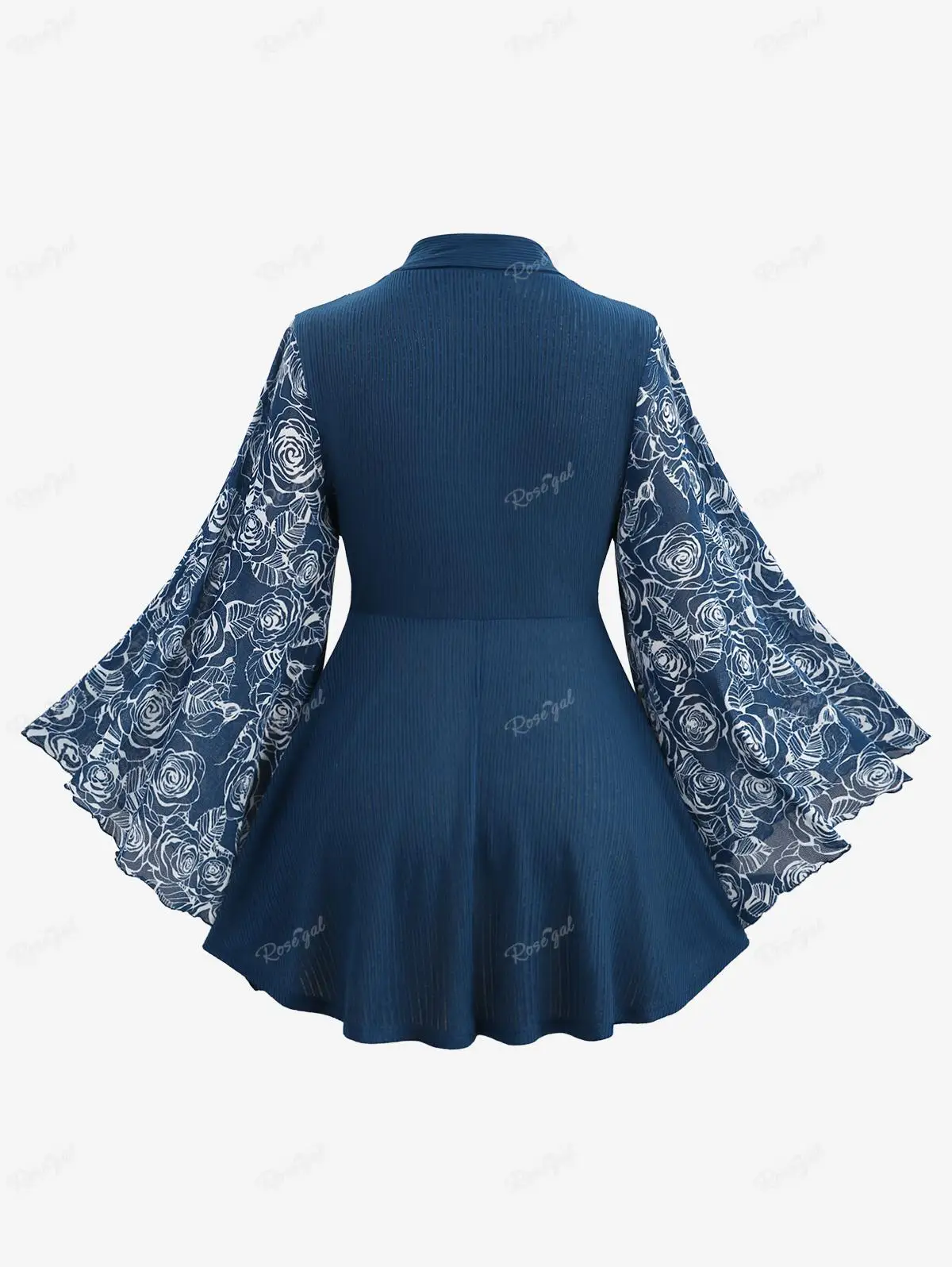 ROSEGAL Plus Size Women's Long Sleeve Top Rose Flower Leaf Print Ribbed Textured Patchwork Flare Sleeve T-shirt Blue Casual Tees