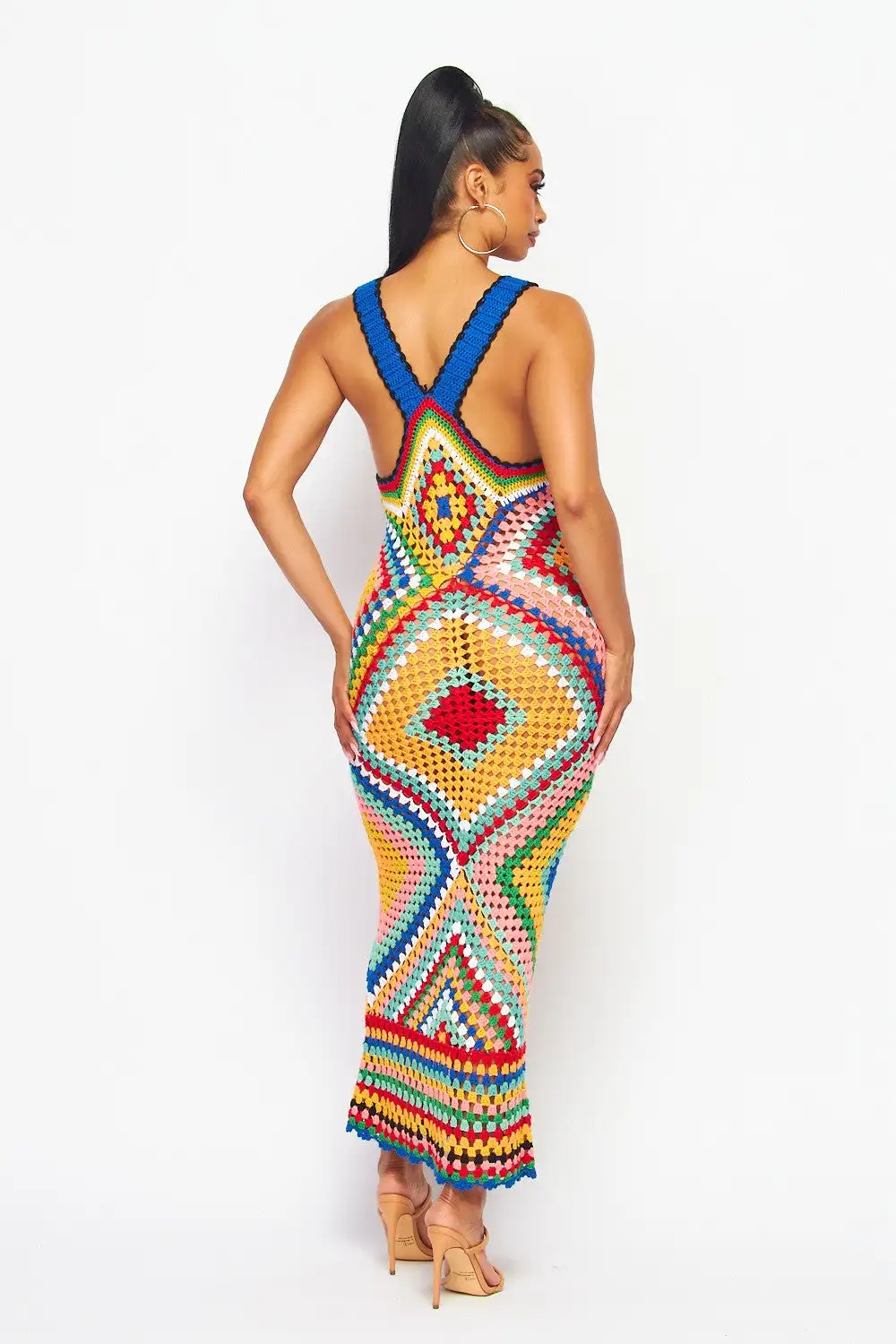 Summer Boho Handmade Crochet Maxi Dresses for Women Colorful Racerback Sexy Cover Up Long Knit Bora Dress Vacation Clothing