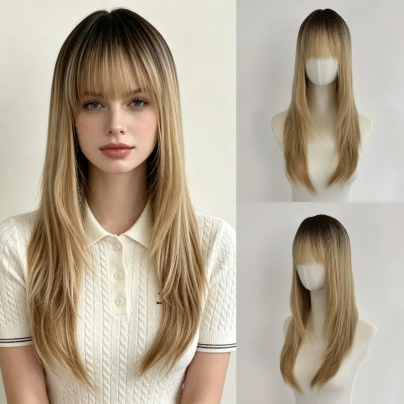 Brown Gradient Air Bangs Long Straight Hair Women'S Wig Outdoor Travel Simulation Matte Silk Head-Wearing Synthetic Wig