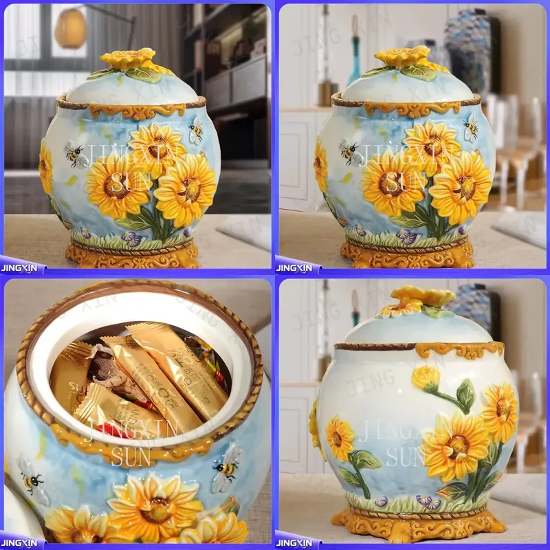 custom for Sunflower Ceramic Sealed Jar Hand Painted Porcelain Storage Container Home Kitchen Decor