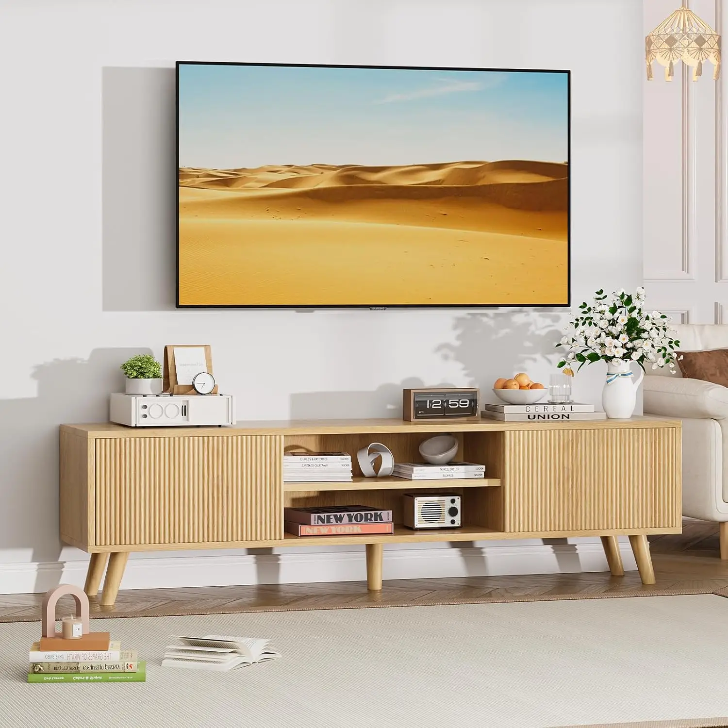 

TV Stand for TVs Up to 75 Inches, Entertainment Center Wood TV Stand with Fluted Sliding Doors & Shelves, TV, Customized