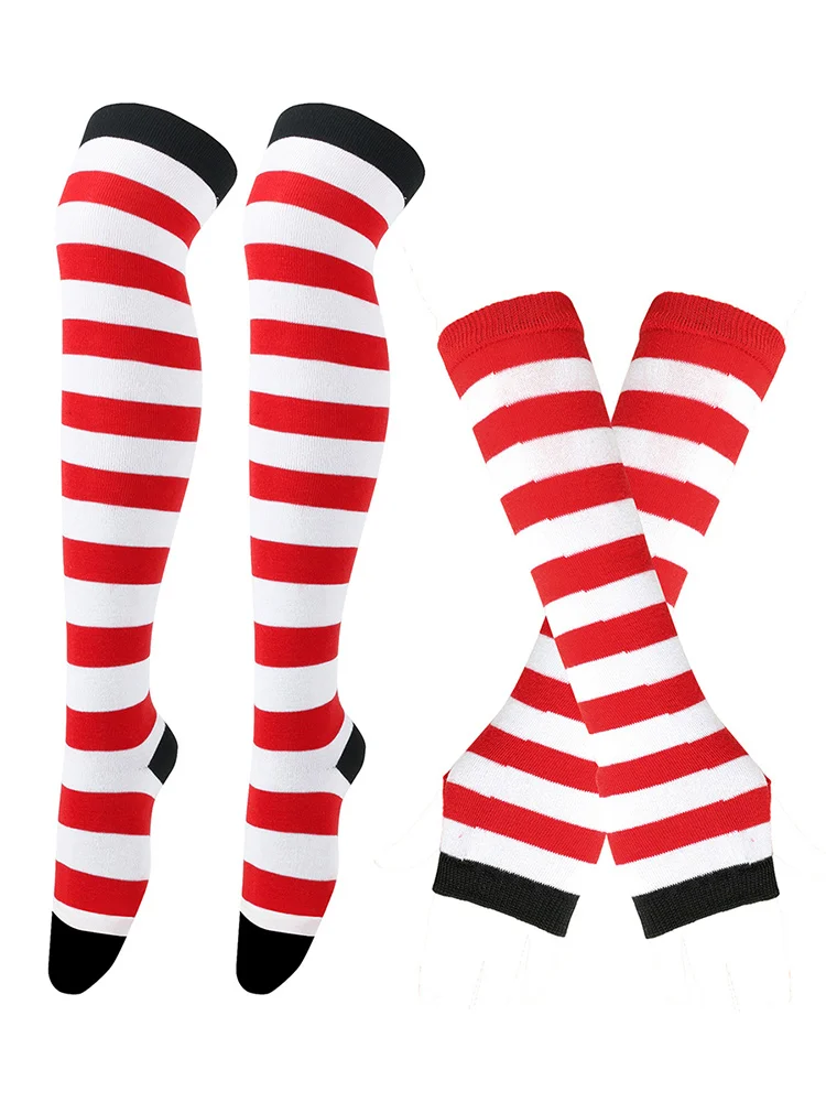 2023 Womens Stockings Arm Sleeve Gloves Set Striped Thigh High Socks Ladies Girls Black White Long Over Above Knee Socks Lolita