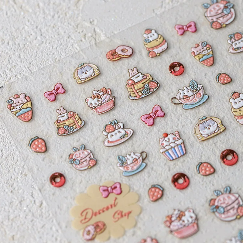 Lovely Cat Rabbit Bear Dessert Donut Strawberry 5D Embossed Reliefs Self Adhesive Nail Art Stickers Cute Cartoon Manicure Decals