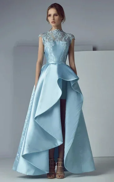 

Elegant and Stylish Turtleneck Satin Slit Appliqué Blue A Line Formal Evening Gown vestido madre del novio فساتين السهرة