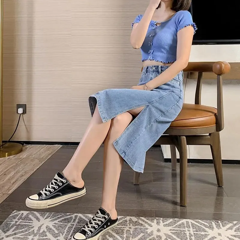 Lucyever Spring Summer Blue Denim Skirts Women Fashion High Waist Split One Step Skirt Woman Korean Streetwear Pencil Skirts