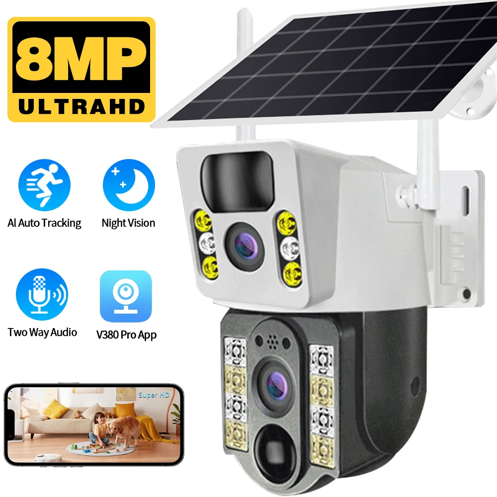 

4K 8MP Solar Camera 4G SIM Card Outdoor Dual Lens Automatic Tracking PIR Human Detection Night Vision Safety Monitoring V380 Pro