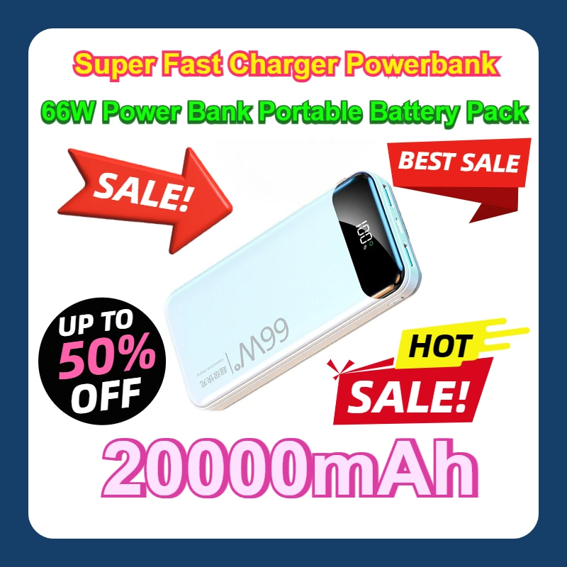 For IPhone 14 13 Pro Samsung Xiaomi Redmi Note 9 OPPO Super Fast Charger Powerbank 66W Power Bank 20000mAh Portable Battery Pack