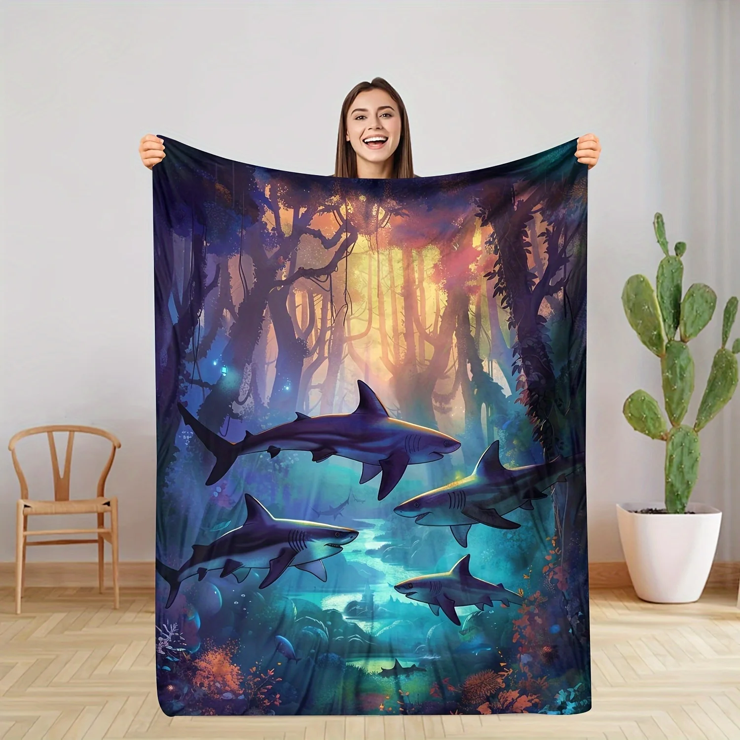 Shark Animal Ocean Pattern Print Art Blanket - Soft All-Season Multi-Purpose Throw for Couch, Bed, Office, Travel & Gift