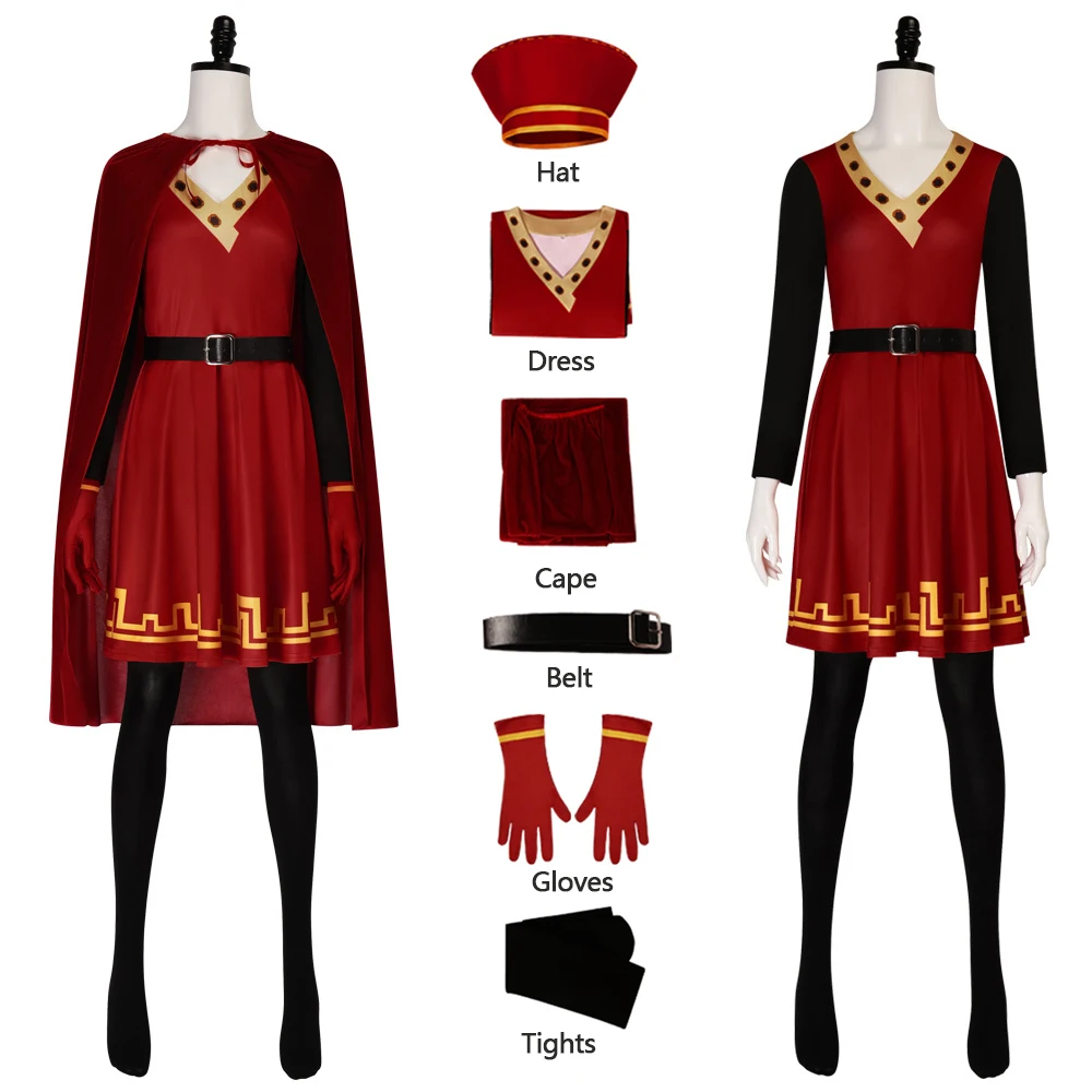 Lord Farquaad Women Cosplay Costume Shrek Female Red Dress With Cape Hat Pantyhose Fantasia Mujer Halloween Carnival Party Outfi