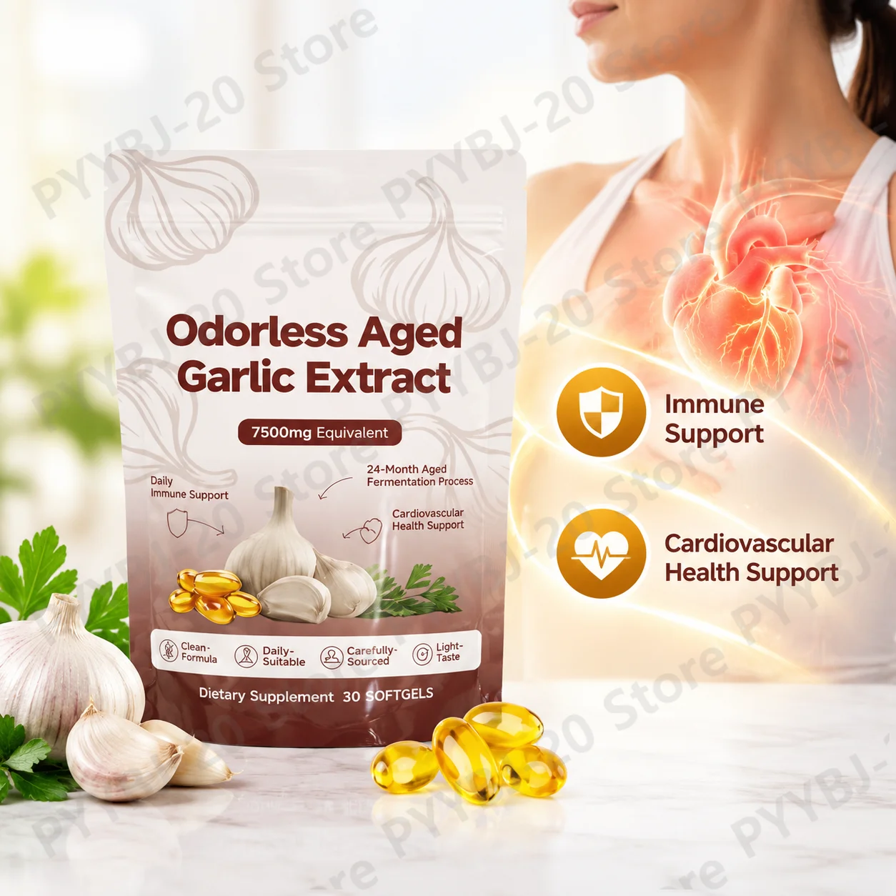 Odorless Aged Garlic Extract Softgels with Immune Support and Cardiovascular Health Support 7500 Mg Equivalent 30 Softgels
