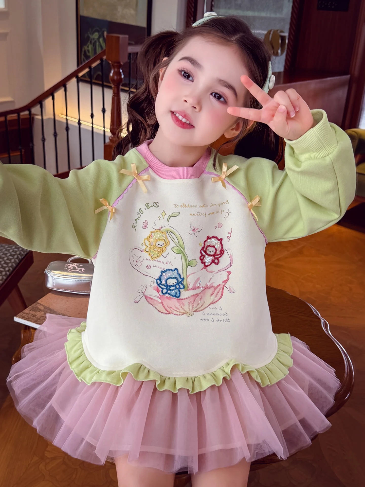 mimihello-girls-long-sleeve-sweatshirt-dress-autumn-fashion-loose-casual-children's-korean-style-print-knot-dress