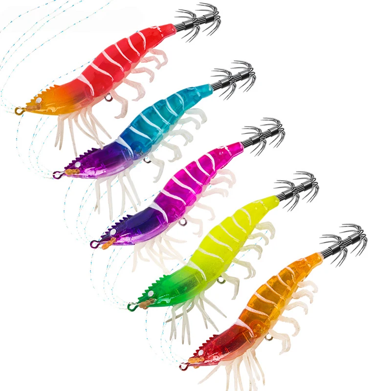 

Luminous Squid Jig Horizontal Slow Sinking Lure Webfoot Wood Shrimp for Octopus Cuttlefish Fishing