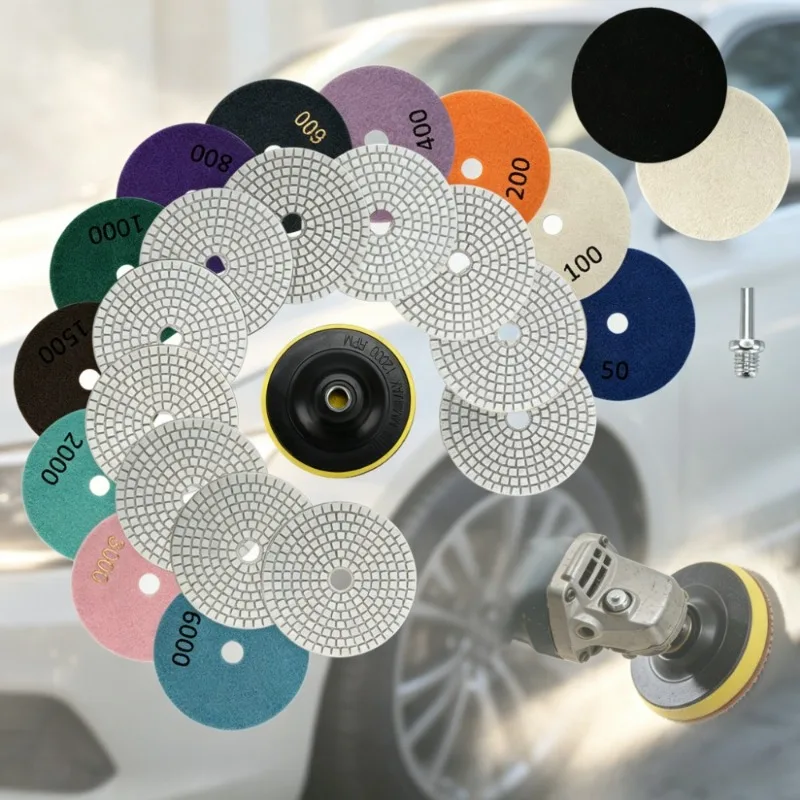 15Pcs 4 Inch Diamond Polishing Pads 50‑6000 Grit Wet Dry Auto Buffing Kit for Drill Grinder Polisher 5/8