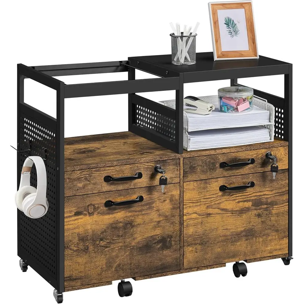 

Мобильная подставка для принтера в деревенском стиле, коричневая, с 2 полками и крючками, для дома или офиса